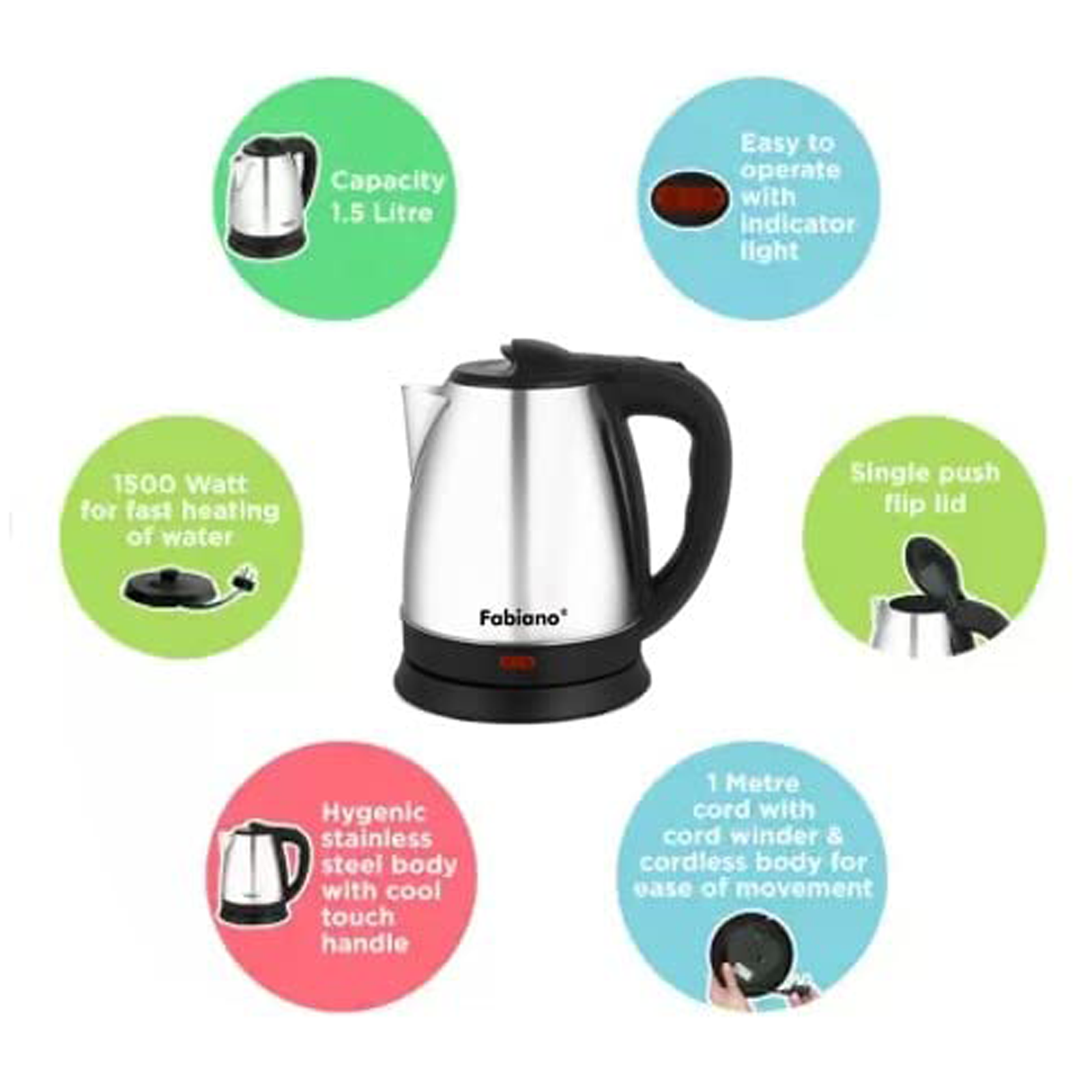 Buy Fabiano E 15 1500 Watt 1.5 Litre Electric Kettle with Cool Touch Handle Silver Online Croma